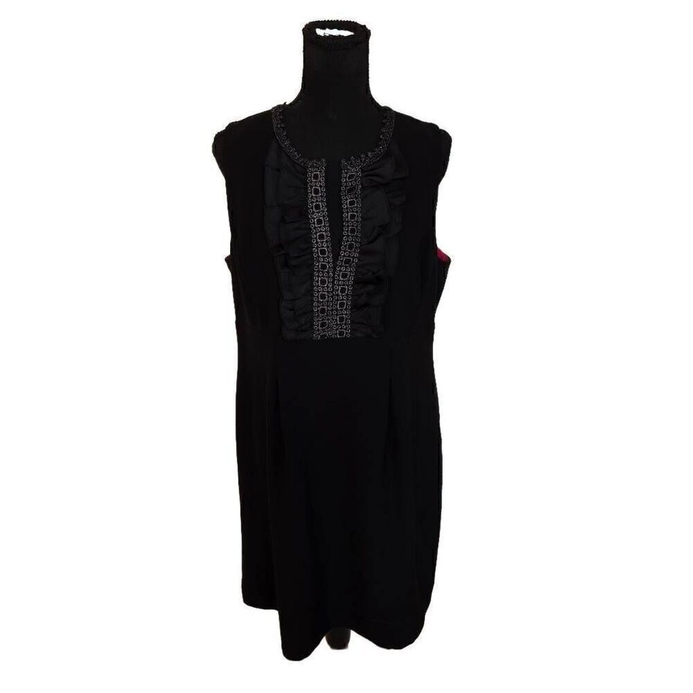 Nine West Womens Black Sleeveless Embroidered Ruffle Trim V Neckline Dress Size